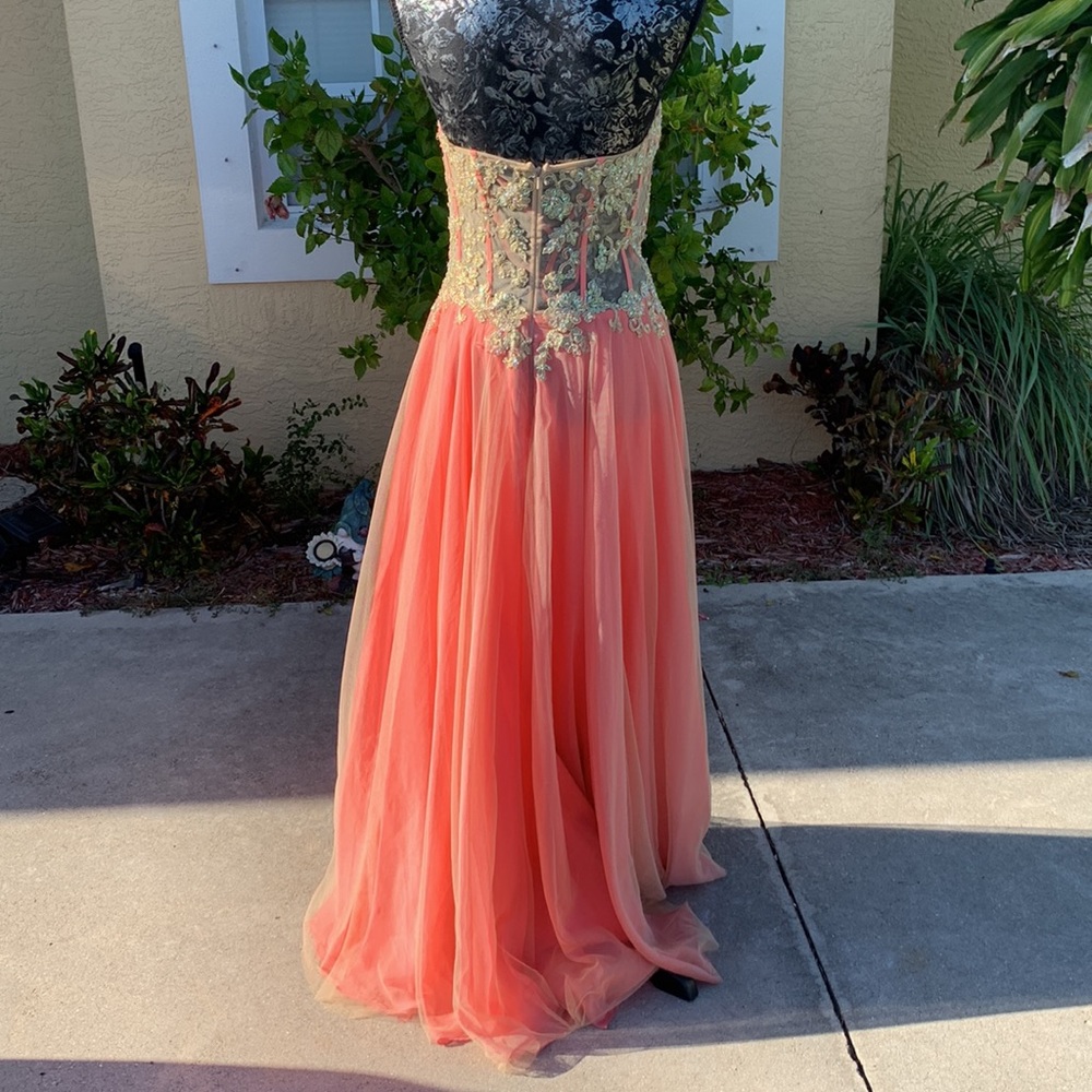 Exquisite jeweled coral colored strapless princess gown by La Femme size 6 - Picture 5 of 14